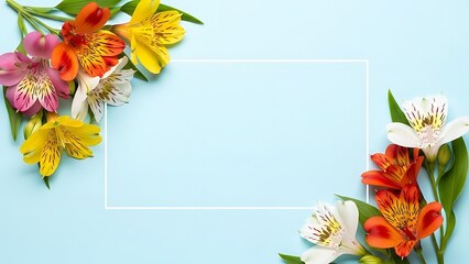 Colorful alstroemeria flower frame on light blue background with white copy space for spring greetings