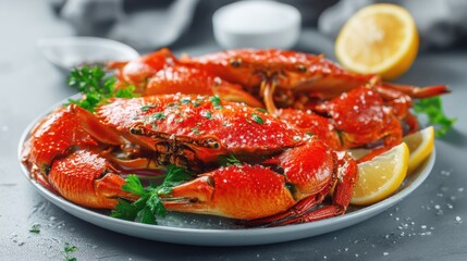 A mouthwatering plate of cooked crabs garnished with fresh parsley and lemon slices. The vibrant red of the crabs contrasts beautifully with the yellow lemon, creating an enticing seafood dish.
