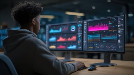 A person concentrating on multiple computer screens displaying data visualizations in a professional office setting.
