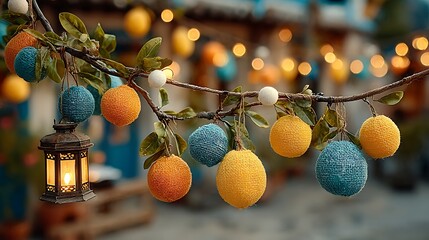 Decorative Lantern and Burlap Orbs Hanging on a Branch light decoration