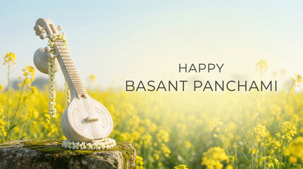 Happy Basant Panchami: Veena in Mustard Field with Sunlight, Spring Festival