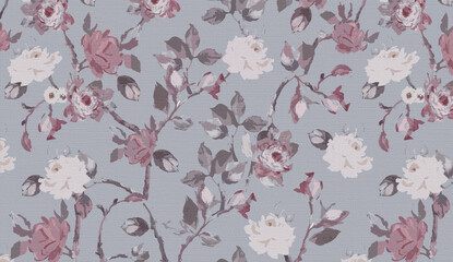 A classic, seamless floral wallpaper design featuring white and dusty pink roses with grey leaves set against a textured light grey background.