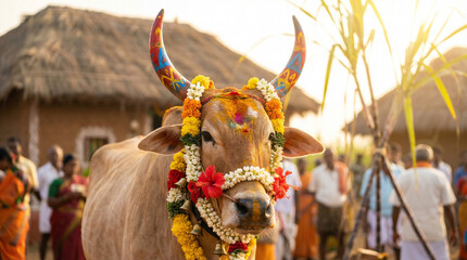 Decorated Bull in Indian Village, Pongal Festival Cattle Adornment
