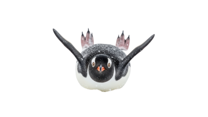 Cute Small Round Penguin Figurine Floating on Back with Textured Surface isolated PNG with Transparent Background