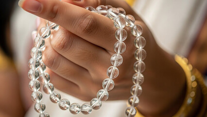 Hands Holding Crystal Prayer Beads (Japa Mala), Spiritual Devotion