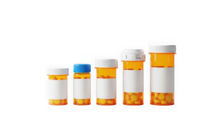 Prescription bottles with pills on transparent background isolated