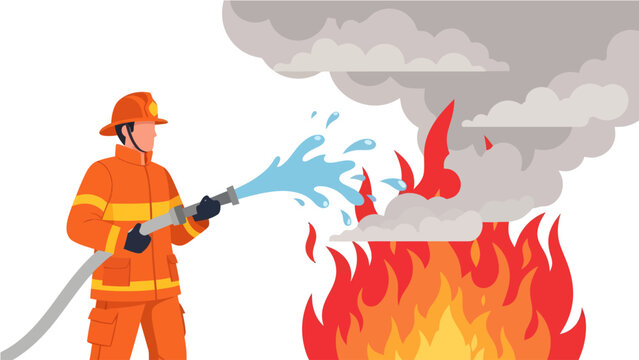 Firefighter in action extinguishing a large fire with a powerful jet of water from a hose