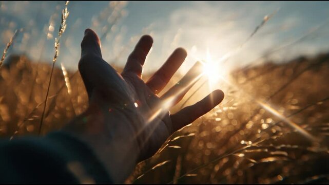 A hand reaching out to the golden wheat field at sunset with a warm glow