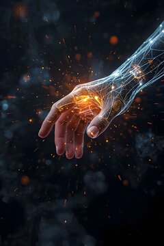 Futuristic Digital Hand Transforming into Glowing Golden Particles