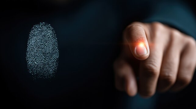 A fingertip scans a highlighted fingerprint, showcasing a futuristic biometric identification system. - Powered by Adobe