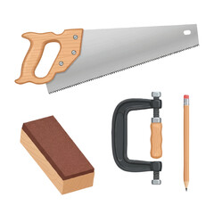 Cartoon illustration of a handsaw, pencil, C-clamp, and sanding block on a clean white background with a cute and playful composition.
