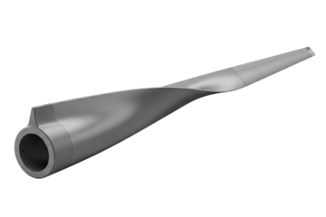 Grey fiberglass wind turbine blade for renewable energy generator on a transparent background