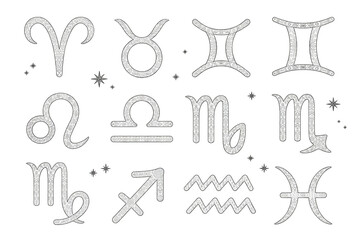 A collection of 12 delicate line art zodiac symbols arranged in a 3x4 grid on a white background, decorated with small black stars scattered throughout.