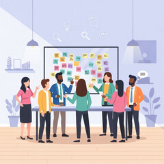Obraz premium Diverse team of business professionals collaborating enthusiastically around a whiteboard covered in colorful sticky notes during an important brainstorming and project planning meeting indoors