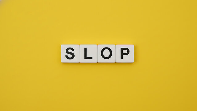 SLOP Text on White Letter Tile Against Yellow Background. Internet Content of Low Quality, AI Generation, Online Culture Terminology. AI Digital Communication Design