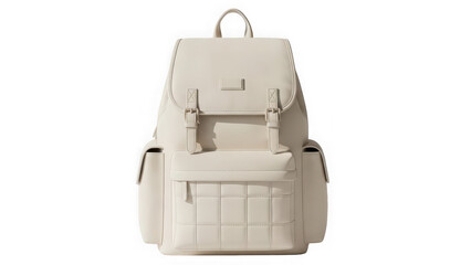 White leather backpack with buckles isolated on transparent background