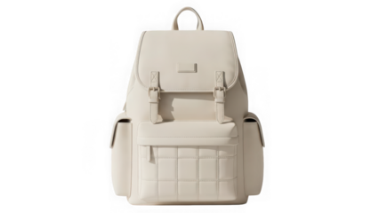 White leather backpack with buckles isolated on transparent background