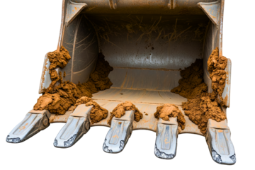Heavy-duty excavator bucket scoop covered in red clay earth on a transparent background