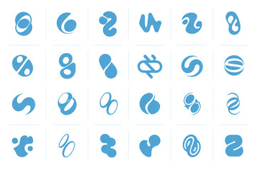 A collection of 20 abstract blue logo designs arranged in three rows on a white background with a grid pattern.