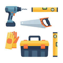 A colorful cartoon illustration of a yellow and black toolbox with various tools, including a drill, saw, level, and gloves, on a clean white background with a cute and playful mood.