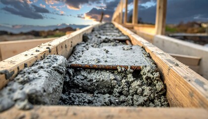 Fresh Concrete Pouring in Wooden Formwork with Rebar Reinforcement.