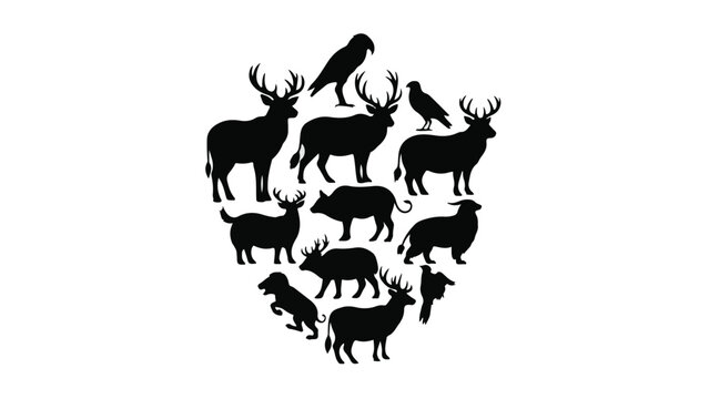 Diverse wildlife silhouettes gathered in a protective shield formation, representing nature's unity.
