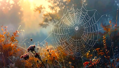 A close-up shot of a spiderweb glistening with droplets, backlit by the soft glow of the sun, in a tranquil autumn scene
