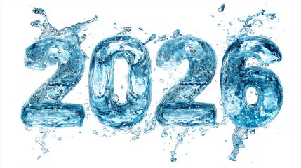 2026 water splash typography, fresh new year liquid numbers, blue water shaped 2026