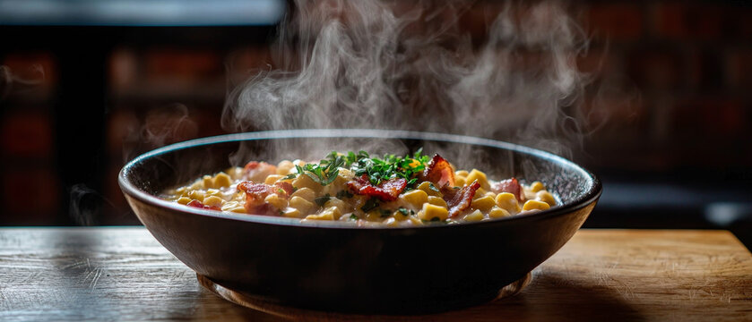 Steaming creamy pasta or corn dish with crisp bacon and fresh herbs in a dark bowl on a wooden surface