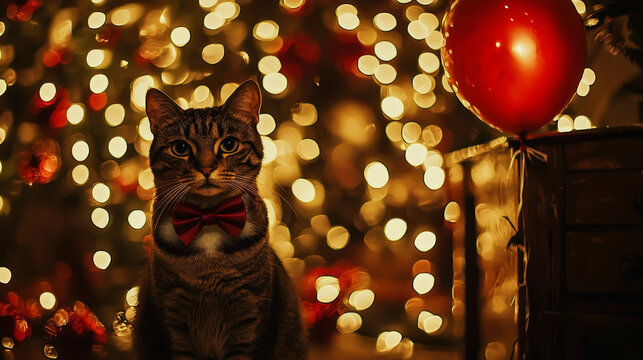Stylish tabby cat in red bow tie poses amidst festive bokeh lights with a floating red balloon