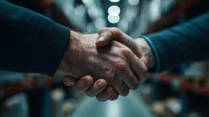 Close-up of two hands shaking, signifying a partnership agreement in a warehouse setting.