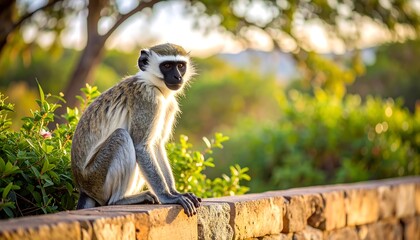 Obraz premium A monkey perched on a brick wall, bathed in sunlight. Its gray fur contrasts with green foliage and a warm sunset. The creature gazes forward