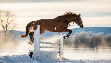 Majestic bay horse soars over a snowy jump during a winter equestrian competition, embodying power and grace in a serene, frosty landscape.
