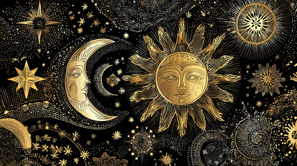 Drawing of golden stars moon planets constellations on black concept. Intricate illustration of sun and moon in cosmic design.