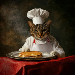 Tabby cat chef in a white hat and apron presents a plate of steaming hot pancakes on a red-draped table