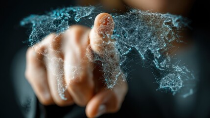 A hand's fingertip interacts with a translucent, interconnected global map, highlighting digital connectivity.