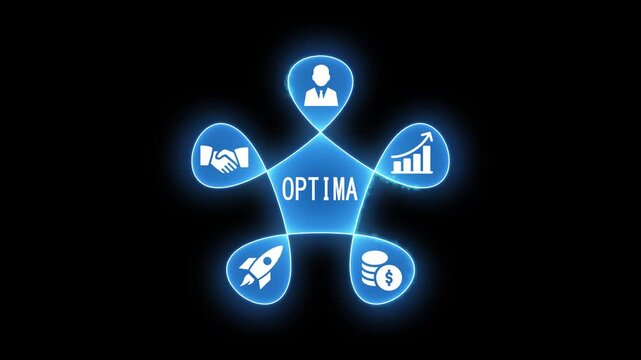 Optima Business Concept Diagram with Icons and Glowing Blue Edges Keywords: business, concept, diagram, optima, icons, glowing, blue, edges, strategy, growth, finance, partnership, innovation