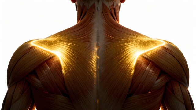 Person from back with glowing gold trapezius muscle visualization. Upper back muscle, white background.