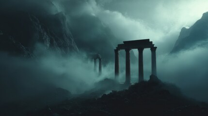 Ancient temple ruins in a dark, misty mountain landscape