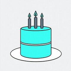 Simple teal birthday cake with three lit candles on a plate