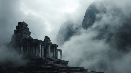 Ancient temple ruins in dense mist, with towering mountains and cloudy sky