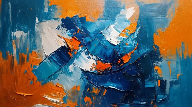 青とオレンジの絵具が大胆に重なり動きを感じさせる抽象的な表現