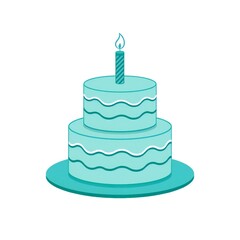 Two tier teal birthday cake with one candle on a white background