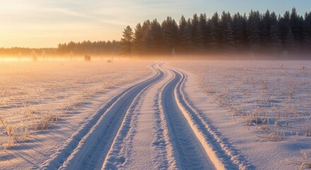 Snowy road winding through frosty landscape at sunrise

