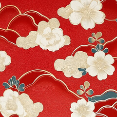 Textured red pattern with elegant white flowers, stylized auspicious clouds, and subtle gold outlines, creating a decorative oriental design