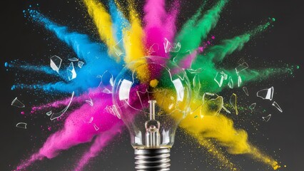 colorful light bulb, Shattered light bulb exploding with colorful powder and glass shards against a dark background, symbolizing creative ideas and innovation