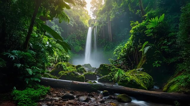 深い森の中を流れ落ちる滝が自然の静けさと力強さを伝える風景