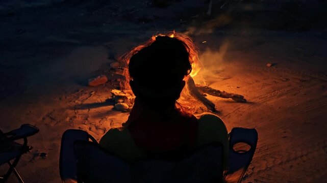 Woman silhouette relaxing by a bonfire at night