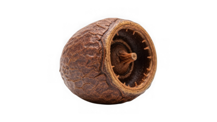 brown seed pod with cracked surface and spiky interior