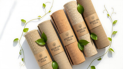 Five eco friendly yoga mats made from natural materials like cork and jute are rolled up on a white background with green vines promoting sustainable fitness and wellness products